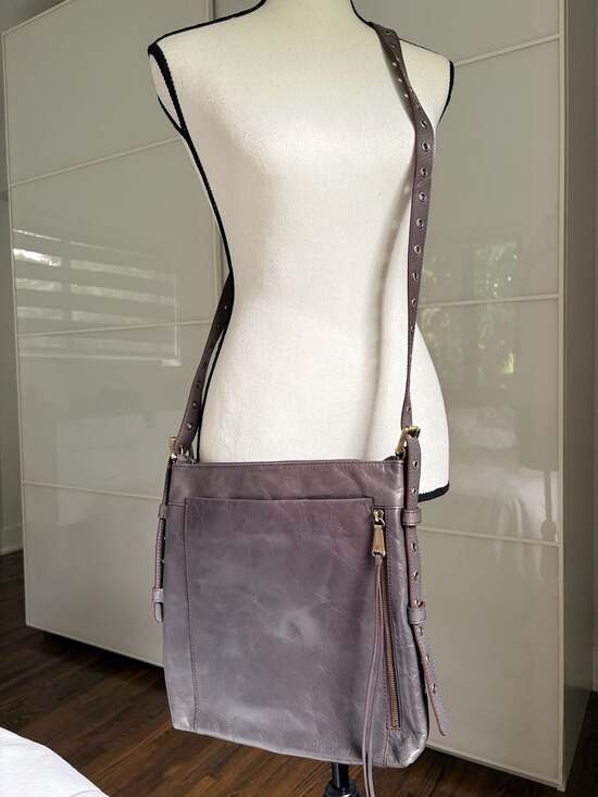 HOBO Handbags - HOBO Treaty Gray Metallic Leather Crossbody Bag with Studded Strap